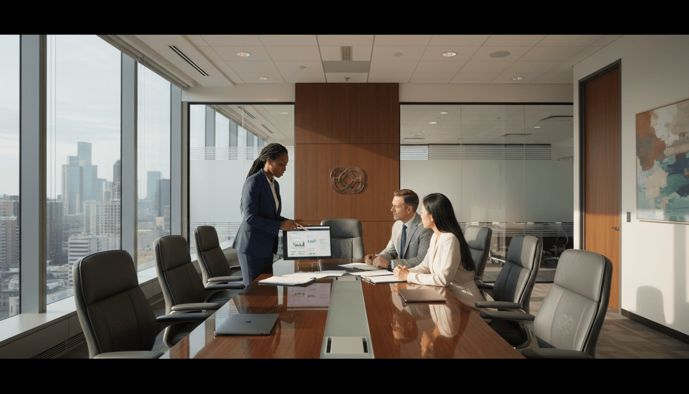M&A associate reviewing market intelligence briefing in professional office setting
