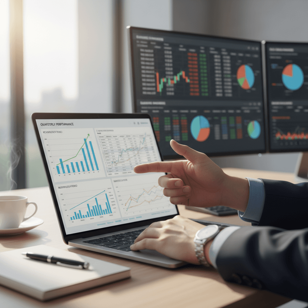 Professional reviewing market intelligence on laptop at desk